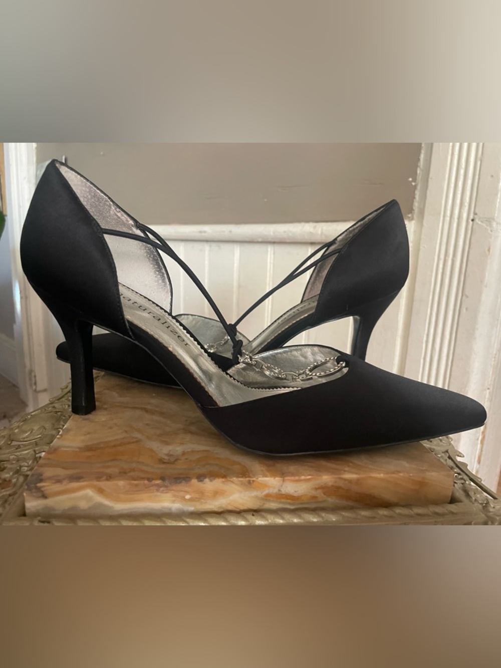 Naturalizer Pointed Black Satin Slingback Heels with gem details